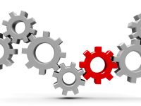 Many gears with red gear - concept of team cooperation or leadership, three-dimensional rendering, 3D illustration