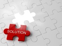 White jigsaw puzzle piece with a glowing hole and solution word in business concept, 3d illustration